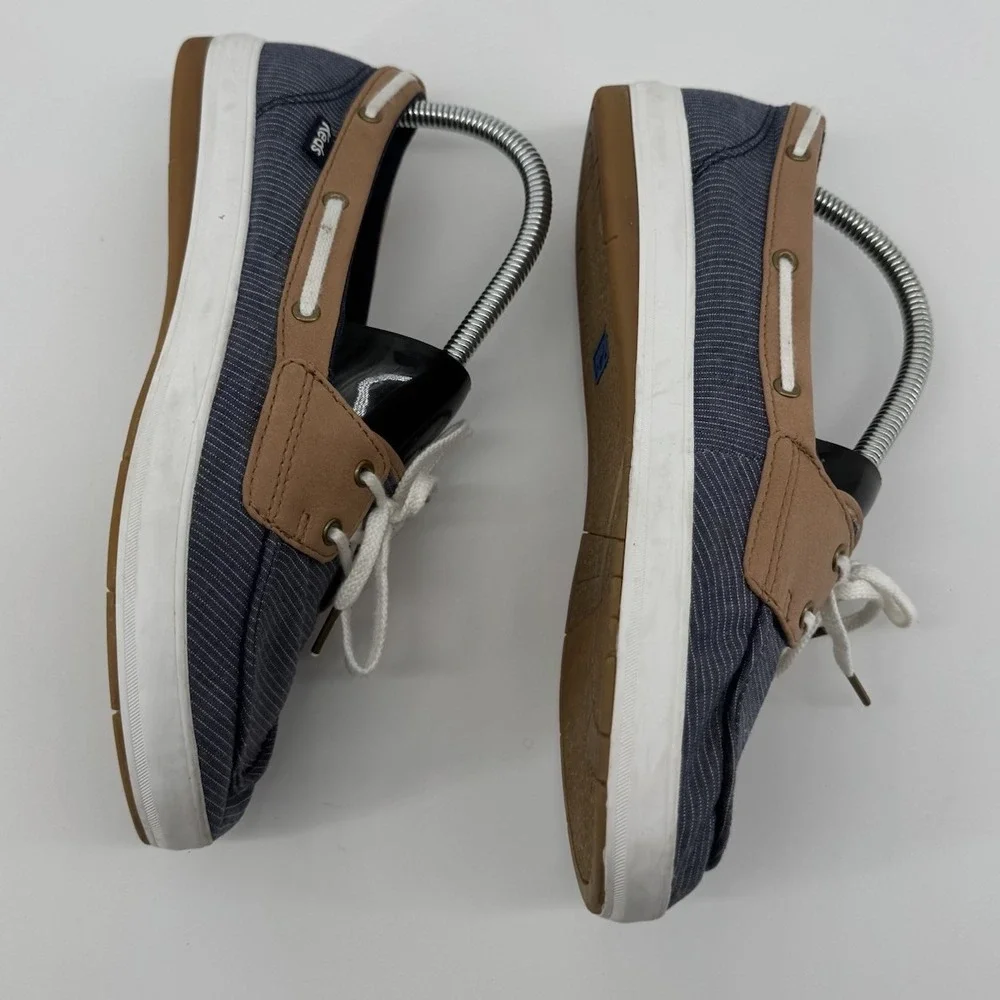 Keds Coastal Preppy Boat Shoes Navy Stripe Tan Trim Lace Up Comfort Size 8 Foam
